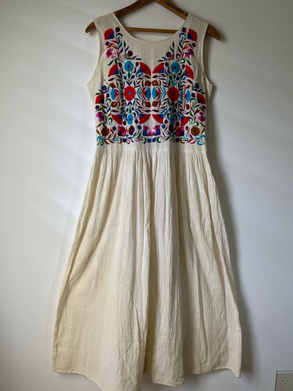 Vintage Mexican Folklore Embroidered Cotton Dress with Corset Back Lacing